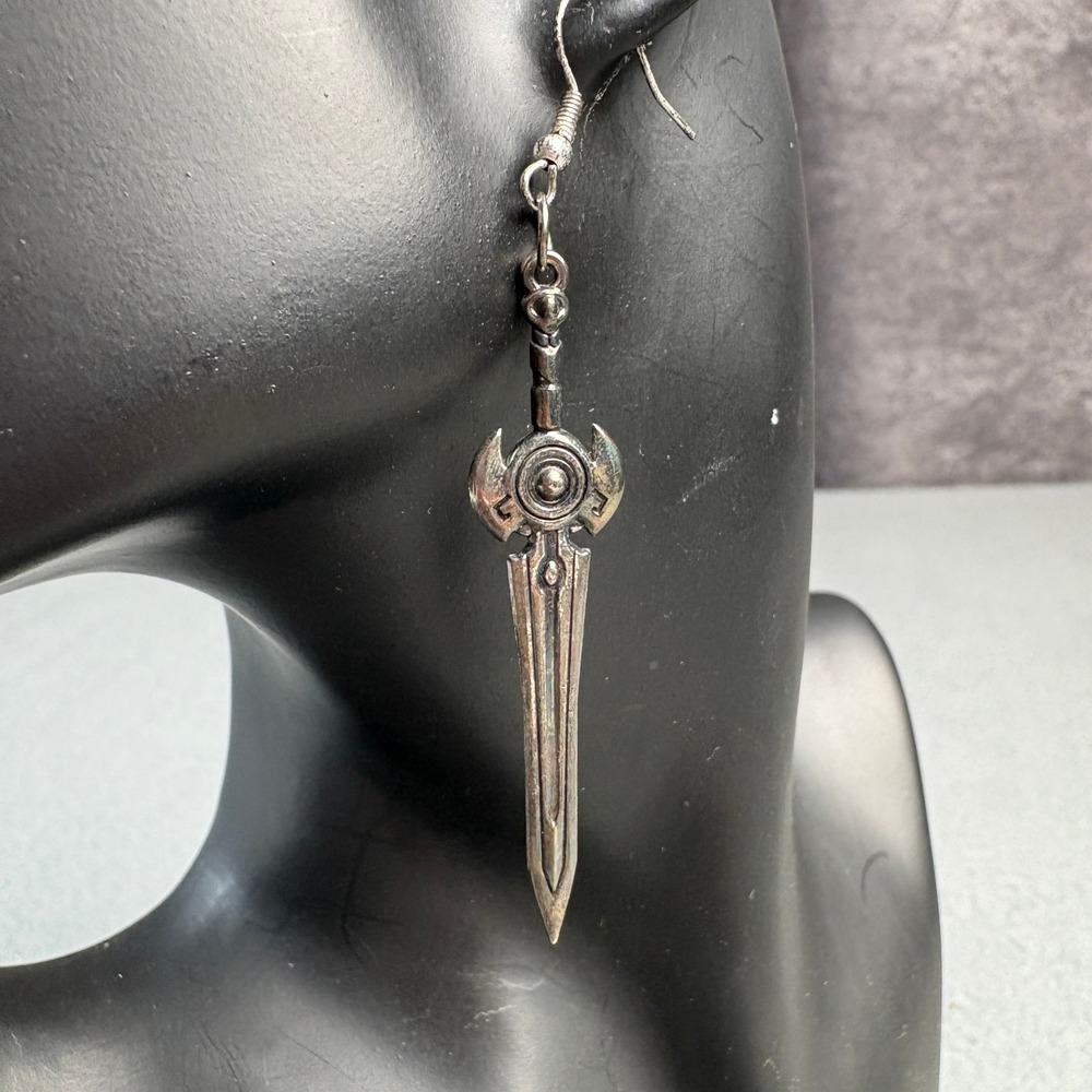 Gothic Sword Dangle Earrings Antiqued Silver Tone Fantasy Dagger Drop Jewelry
